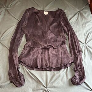 Peach Love California Black Shiny Faux-Wrap Peplum Blouse